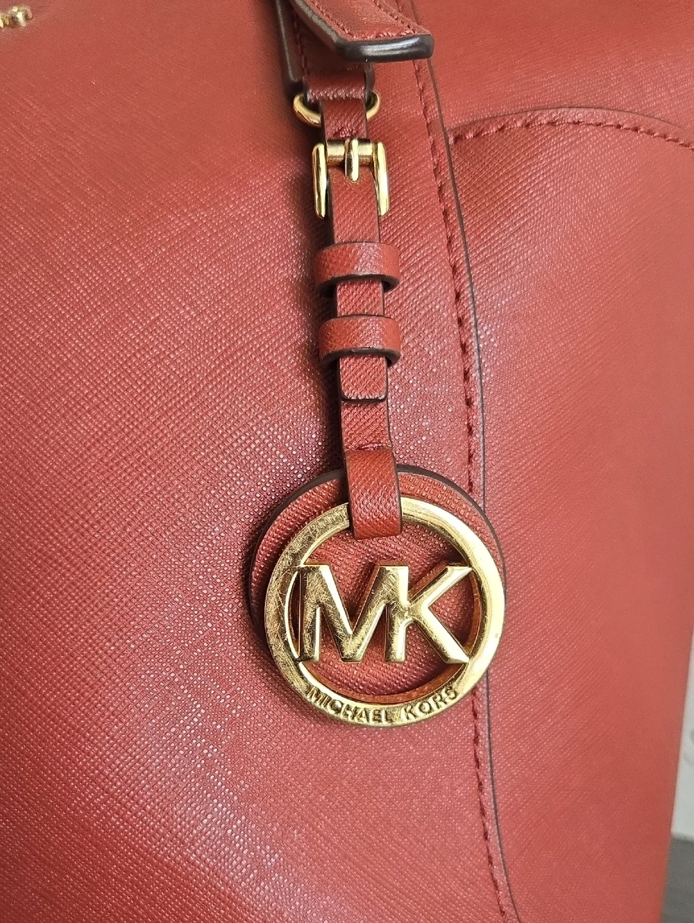 Michael Kors Jet Set  Brick Red Saffiano Leather Tote with Gold MK Charm